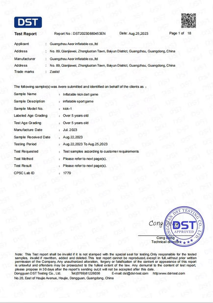 China Guangzhou Aeor Inflatable Co., Ltd. zertifizierungen